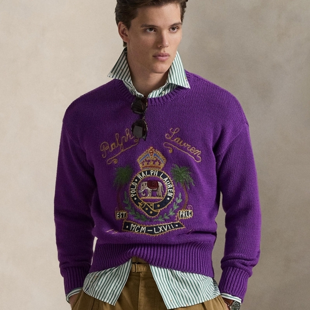 Ralph Lauren Purple Crewneck Sweater with Embroidered Crest Xxl